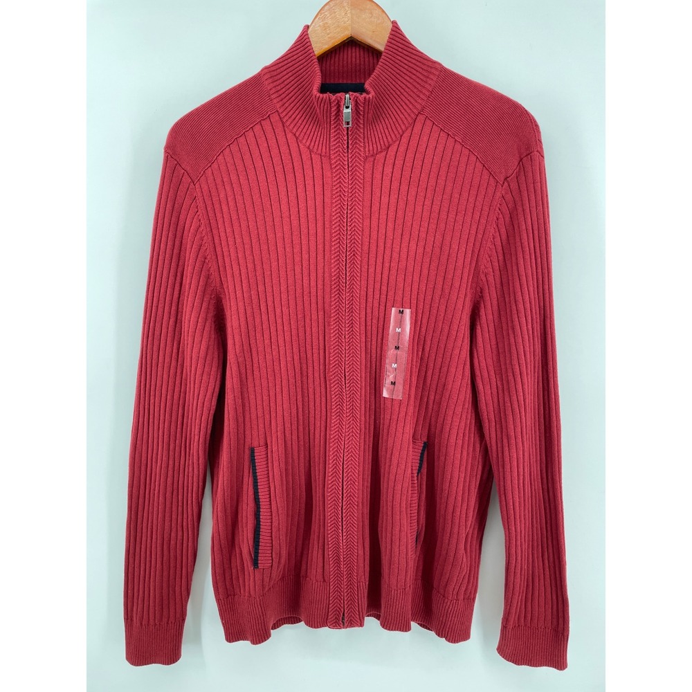 Cardigan Sweater Mens Medium Red Ribbed Cotton Full Zip Dark Academia Preppy NEW